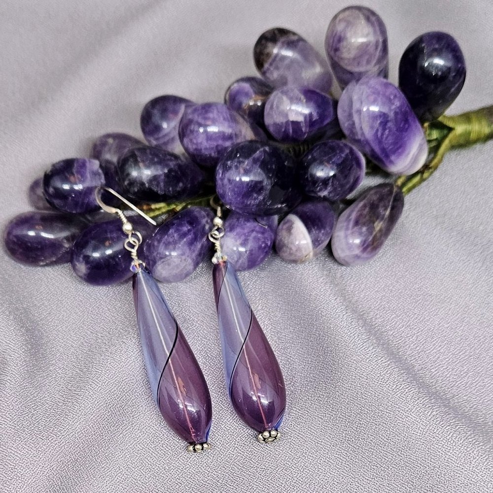 NWOT Purple & Blue Earrings of Italian Handblown Hollow Glass Beads Handmade 3"